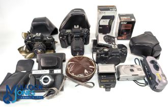 Box of Cameras and components including a Praktica Electronic Camera and Case, Nikon F-601 Camera