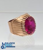 c1980 Soviet Union large 15ct Gold Gents Ring with factory made large ruby stone, marked with Hammer