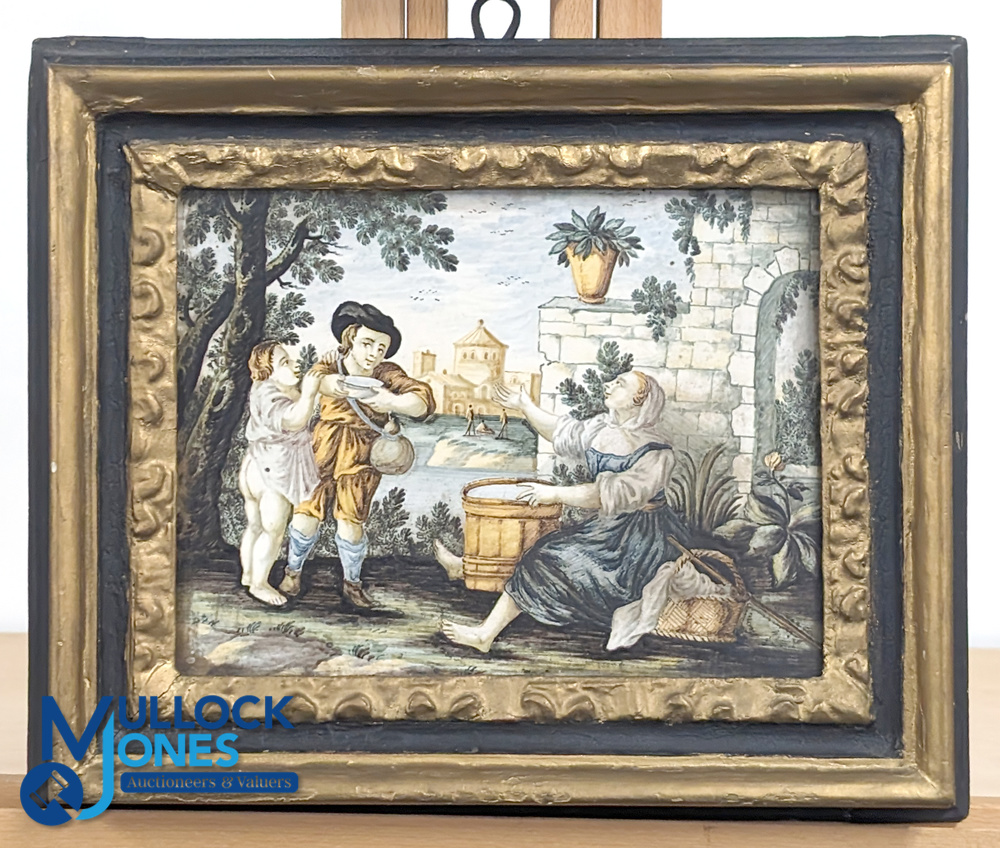 c1800 Italian Earthen ware Ceramic Tile Panel, rectangular tile with rural scene, the tile is #