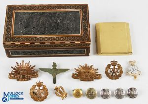 Middle Eastern Inlaid Box etc housing a number of collectable military cap badges, uniform buttons