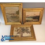 3 Period Paintings - oil and watercolour - a Highland view with sheep signed A Cox on canvas