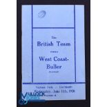 Rare 1930 Rugby Programme, British & I Lions v West Coast-Buller: Official Programme from the game