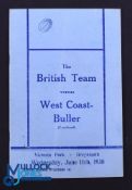 Rare 1930 Rugby Programme, British & I Lions v West Coast-Buller: Official Programme from the game
