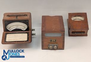 Period Wooden Cased Scientific Instruments Gauges, an Amperes by Elliott, Glavonometer by H