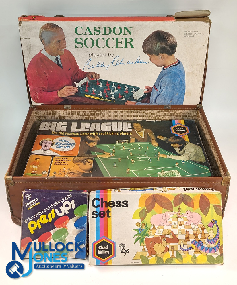Vintage Board Games: an old suit case with contents of Casdon Soccer played by Bobby Charlton,