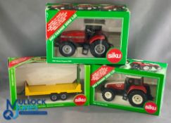 1:32 SIKU Diecast Farm Vehicles Massey Ferguson Tractor 9240, Steyr 9145 tractor, flatbed trailer