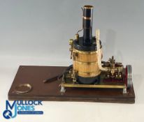 Kit Built Live Steam Model Vertical Engine Boiler 2 Valves, with burner, no makers name, on wooden
