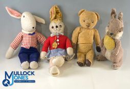 4 Period Teddy Bears/Soft toys - 2 Merrythought Rabbits, a collection to include an unnamed 14"