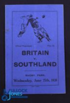 Rare 1930 Rugby Programme, British & I Lions v Southland: Official Programme from the game won 9-3