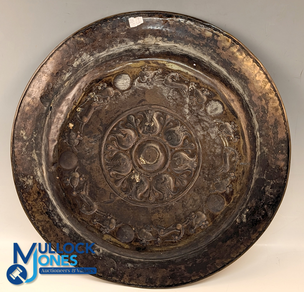 Large Antique Brass Embossed Alms Dish Plate with inscription, has signs of age-related wear, - Image 3 of 3