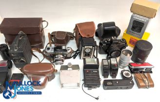 Box of Cameras and components including a Siemens 16mm Clockwork Magazine Cine Camera with Case, a