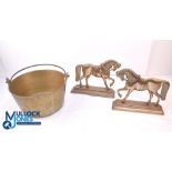Brass - Two Horse fireside ornaments height approx. 20 cm and a jam pan pot diameter 27.5 cm, height