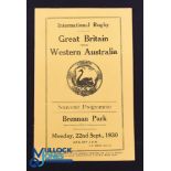 Very Rare 1930 Rugby Programme, British & I Lions v Western Australia: Official Programme from the