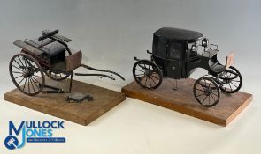 2x Wooden Kit-built Horse Drawn Carriage and Traps, both homemade built kits wooden display base
