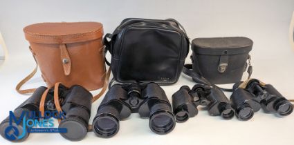 Four pairs of Binoculars, three in case - Boots 10 x 50 Coated Optics, Tasco Zip 2012 12 x 50 mm