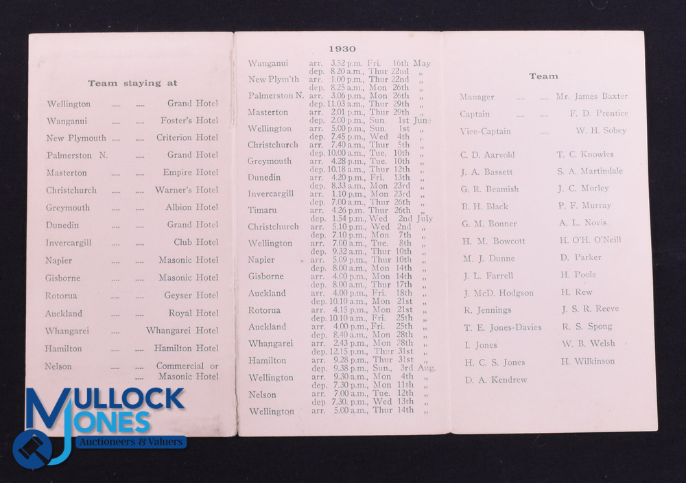 Rare 1930 British & I Lions Itinerary: 5.5" x 3" buff trifold itinerary card with details of team, - Image 2 of 2