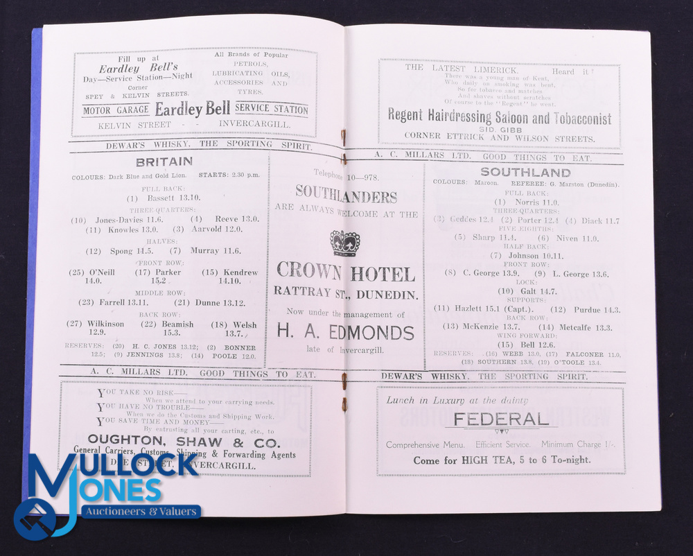 Rare 1930 Rugby Programme, British & I Lions v Southland: Official Programme from the game won 9-3 - Image 2 of 2