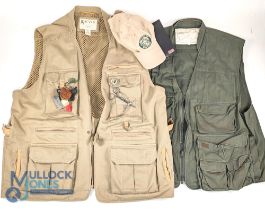 Orvis Fishing Waistcoat, cotton with leather trim, multi pockets, with a few fishing accessories