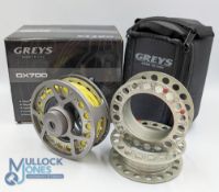 Greys CX700 4/5/6 large arbour fly reel and spools with counter balance weight, rear drag