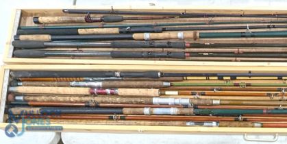 A collection of 13 coarse rods in a fitted hinged case 85" x 10" x 4", comprising: South Bend