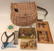 Period Fishing Creel and Tackle, to include a small selection of spinner lures, Devon minnows plugs,