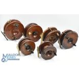 6x Various Nottingham wood and brass reels - sizes vary between 3 1/2" to 5" examples, 3x