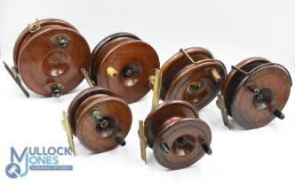 6x Various Nottingham wood and brass reels - sizes vary between 3 1/2" to 5" examples, 3x