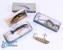 Shakespeare Pad-Ler 3" wooden bait in grey mouse finish, a Paw Paw 3 1/2" minnow bait with metal lip