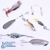 Collection of 8 USA vintage lures, Lane's Spark-L Wobbler, Wyoming, New York, 2.75" with 3 plastic
