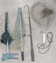 Folding Landing Nets, Scoop Net and a Brass Gaff, all unbranded - aluminium framed landing nets,