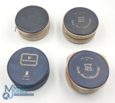 Collection of 4 Hardy vintage padded zip reel cases, externally 4.5" diameter, 3 x cream/blue, one