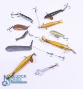 Collection of 10 vintage Hardy lures including 3 x Golden Spratt Devons, a 2.5" Strathallan Devon, a