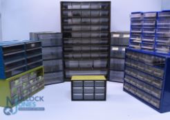 Eight multi drawer storage cabinets ranging from a Raacko metal cabinet, 20" x 12" x 6", right