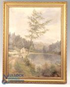 Period Oil on Canvas Fishing at Lake Picture, unknown artist mounted in gilt frame - size 55cm x