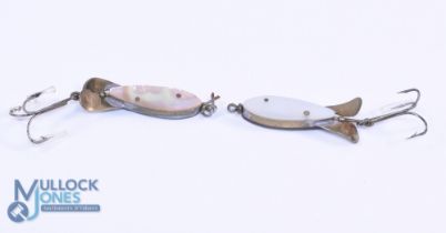 Two Lemax, Switzerland Mother of Pearl on brass spinners, 1.75" long, with ori9ginal welded treble