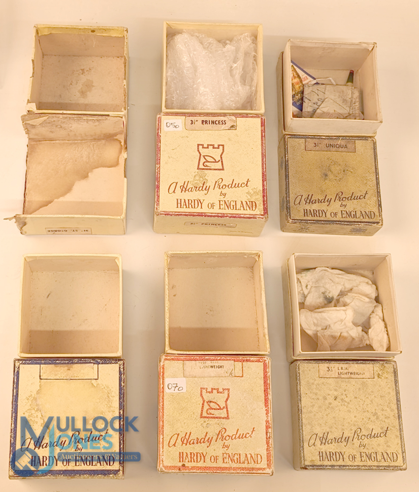 A collection of Hardy card reel boxes, as follows: 3 1/2" Princess (red). LRH Lightweight (red). LRH