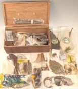 Wooden Box with Fly Tying Accessories, of Capes (Metz), feathers, fur - with cape of a Jungle cock