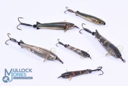 Collection of 6 Allcock Feathero Devon minnows, ranging in sizes 1.5"-2.5", various patterns, all