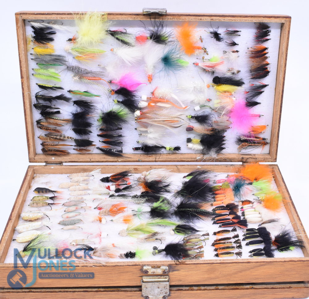 Large unnamed double fly box, 15" x 9" x 3", sides lined with Etha foam, marked lures and nymphs,