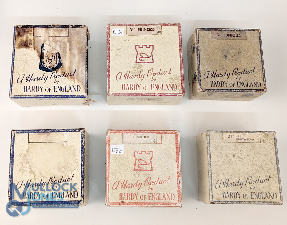 A collection of Hardy card reel boxes, as follows: 3 1/2" Princess (red). LRH Lightweight (red). LRH - Image 2 of 2