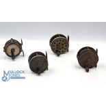 4x Various reels - features an unnamed 2 1/2" brass, alloy and ebonite fly reel with pillared