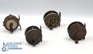 4x Various reels - features an unnamed 2 1/2" brass, alloy and ebonite fly reel with pillared