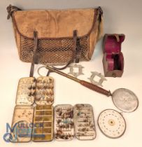 Period Fishing Tackle Collection to include a canvas leather edged game bag, an extendable gaff with