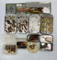 Wheatley vintage alloy clip fly box, 6" x 3 1/2", holding a good collection of large steel eyed