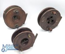 A collection of unnamed large mahogany and brass reels, as follows: 6" star back with twin bulbous