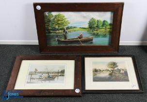 3x Period Fishing Paints, Engraving Print, a painting - acrylic on canvas Boat Fishing, in large