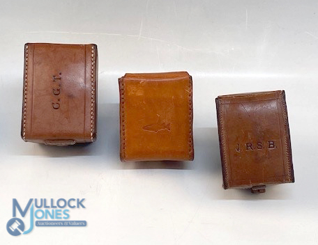 A collection of block leather 'D' shape reel cases, as follows: Unnamed green lined 3.5" case with - Image 2 of 3