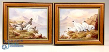 Pair of Fine Hand Painted Ceramic Tiles by Artist D Birbeck of Ptarmigan in winter and summer