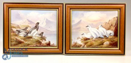 Pair of Fine Hand Painted Ceramic Tiles by Artist D Birbeck of Ptarmigan in winter and summer