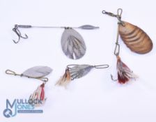 Collection of 4 USA style Bucktail spinner lures, an Allcock fluted spinner size 8, leaded central
